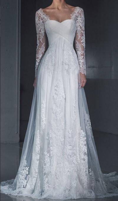 White wedding dress Floor length weeding dress,long sleeve weeding dress,bride dress,276