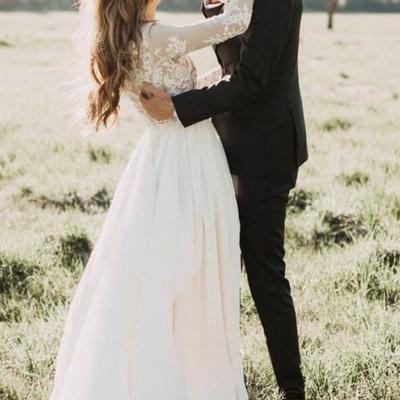 Bateau long sleeves a-line chiffon wedding dress with lace,282 - Thumbnail 5