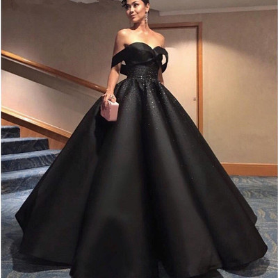 Black off shoulder satin beaded ball gown dresses, elegant prom dresses,322