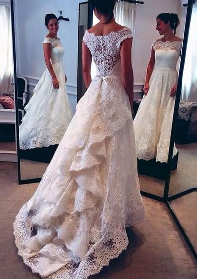 Charming Lace Wedding Dresses,A-Line Long Train Wedding Dress Custom Made Wedding Gown,326
