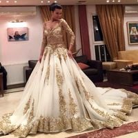 Wedding dresses,court train bridal dresses,a-line wedding dresses,gold lace wedding dress,long sleeve bridal gown,gorgeous wedding dresses,327 - Thumbnail 1