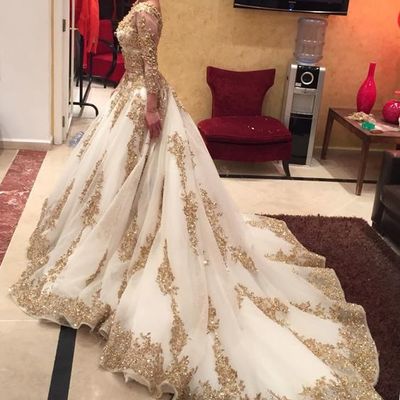 Wedding dresses,court train bridal dresses,a-line wedding dresses,gold lace wedding dress,long sleeve bridal gown,gorgeous wedding dresses,327 - Thumbnail 5