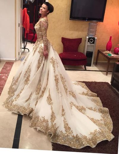 Wedding dresses,court train bridal dresses,a-line wedding dresses,gold lace wedding dress,long sleeve bridal gown,gorgeous wedding dresses,327