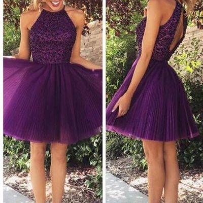 Shinny homecoming dresses,short cute prom dress,simple design tulle purple prom dress,332 - Thumbnail 4
