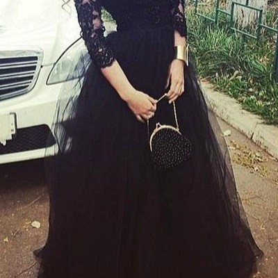 Vintage black arabic prom pageant dresses soop 3/4 sleeve applique lace a line party evening gowns,335