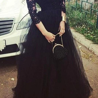 Vintage Black Arabic Prom Pageant Dresses Soop 3/4 Sleeve Applique Lace A Line Party Evening Gowns,335 - Thumbnail 1