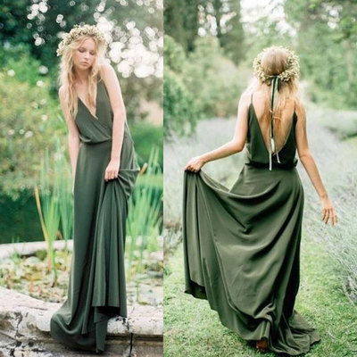 Boho Olive Green V Neck Bridesmaid Dresses, Long Bridesmaid Dresses,338