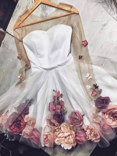 2019 Chic A-line V neck Hand-Made Flower Homecoming Dresses Unique Short Prom Dress Long Sleeve Homecoming Dresses,340