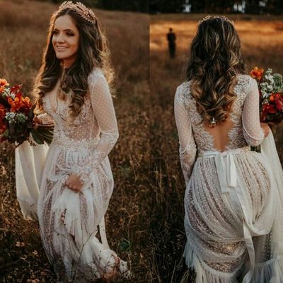 Stunning sexy mermaid polka dot tulle wedding dresses sheer long sleeve plunge and backless bridal gowns,345 - Thumbnail 4