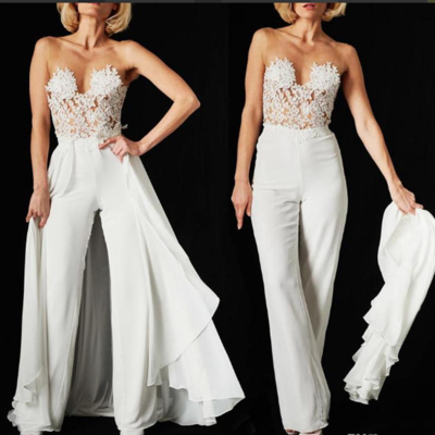 Lace jumpsuit wedding dresses detachable train 2019 sexy illusion bodice chiffon backless beach bridal gowns,348 - Thumbnail 4