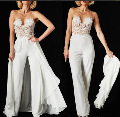 Lace Jumpsuit Wedding Dresses Detachable Train 2019 Sexy Illusion Bodice Chiffon Backless Beach Bridal Gowns,348