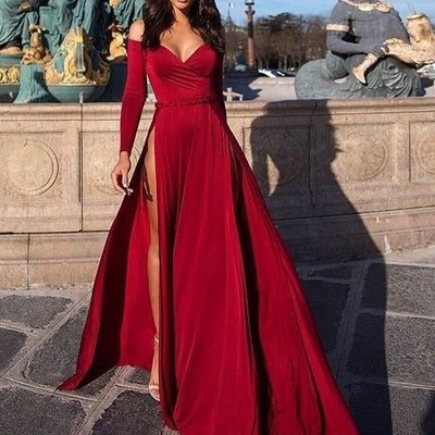 Off the shoulder spandex burgundy long sleeved evening dress with high slit,350 - Thumbnail 4