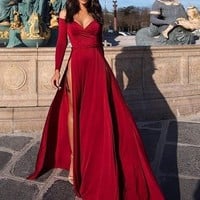 Off The Shoulder Spandex Burgundy Long Sleeved Evening Dress With High Slit,350 - Thumbnail 1