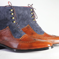 Men's Handmade Ankle High Brown Blue Wing Tip Leather Suede Lace Up Boot - Thumbnail 2