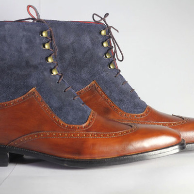 Men's handmade ankle high brown blue wing tip leather suede lace up boot - Thumbnail 3
