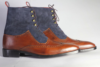 Men's Handmade Ankle High Brown Blue Wing Tip Leather Suede Lace Up Boot