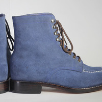 Men's Handmade Ankle High Blue Split Toe Suede Lace Up Boot - Thumbnail 1