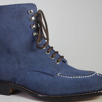 Men's Handmade Ankle High Blue Split Toe Suede Lace Up Boot - Thumbnail 3