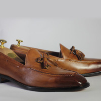 Handmade Brown Leather Tussles Loafers Shoes For Men's - Thumbnail 2
