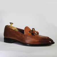 Handmade Brown Leather Tussles Loafers Shoes For Men's - Thumbnail 1