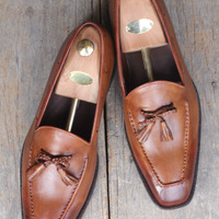 Handmade Brown Leather Tussles Loafers Shoes For Men's - Thumbnail 4
