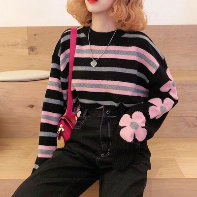Pastel Pink Color Block Flower Stripe Pullover Sweater