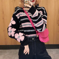 Pastel Pink Color Block Flower Stripe Pullover Sweater - Thumbnail 1