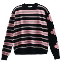 Pastel Pink Color Block Flower Stripe Pullover Sweater - Thumbnail 3