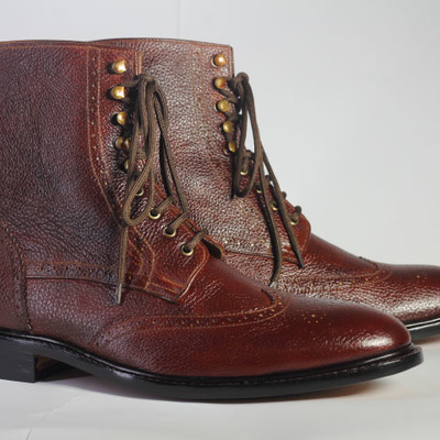 Men's ankle high dark brown wing tip brogue pebbled leather lace up boot - Thumbnail 4