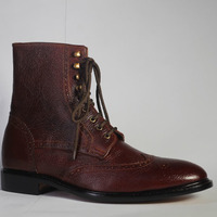 Men's Ankle High Dark Brown Wing Tip Brogue Pebbled Leather Lace Up Boot - Thumbnail 1