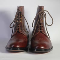 Men's Ankle High Dark Brown Wing Tip Brogue Pebbled Leather Lace Up Boot - Thumbnail 3