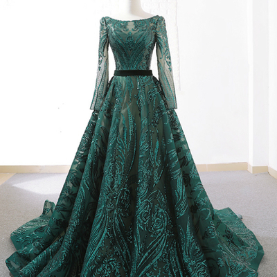 Dark green sequins long sleeve backless wedding dress with long train,353 - Thumbnail 4