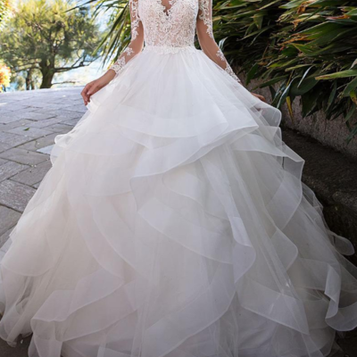 Fantastic tulle bateau neckline ball gown wedding dress with beaded lace appliques & ruffles,356 - Thumbnail 5