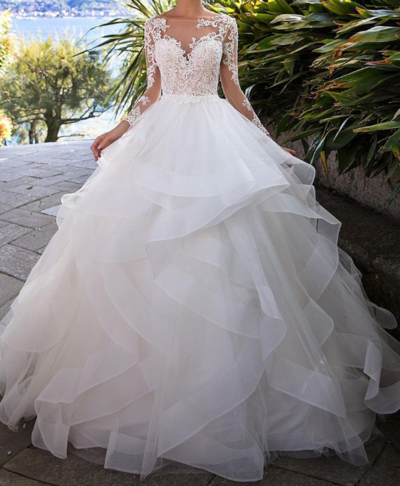 Fantastic Tulle Bateau Neckline Ball Gown Wedding Dress With Beaded Lace Appliques & Ruffles,356