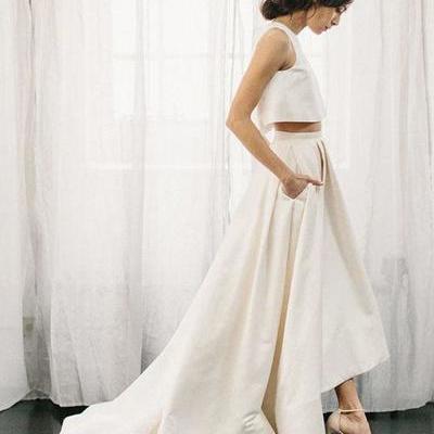 Ivory two piece a line asymmetrical sleeveless satin wedding dress,beach wedding dress,359 - Thumbnail 5