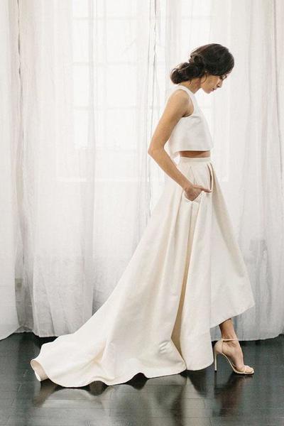 Ivory Two Piece A Line Asymmetrical Sleeveless Satin Wedding Dress,Beach Wedding Dress,359
