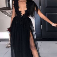 Black Deep V Neck Evening Dresses,Tulle Side Slit Prom Dresses,362 - Thumbnail 2