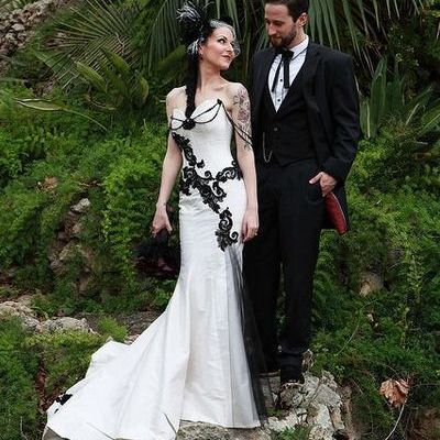 Vintage gothic black and white wedding dresses mermaid appliques bridal gowns,363 - Thumbnail 5