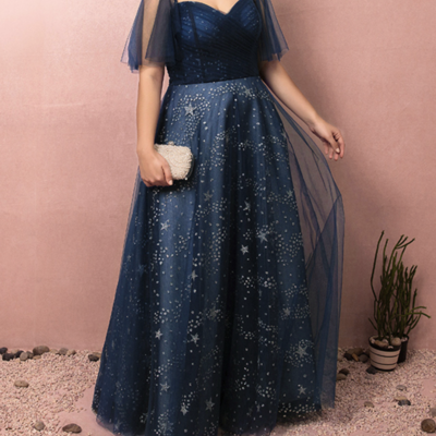 Plus size blue tulle sweetheart with star prom dress,368
