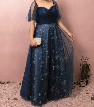 Plus Size Blue Tulle Sweetheart With Star Prom Dress,368