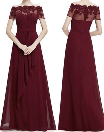 Chiffon Burgundy Long Bridesmaid Dress with Lace Appliques for Wedding Party,369