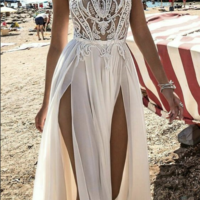 New halter white prom dress，high slit wedding dress，sexy evening dress with lace ,charming wedding dress,370 - Thumbnail 1