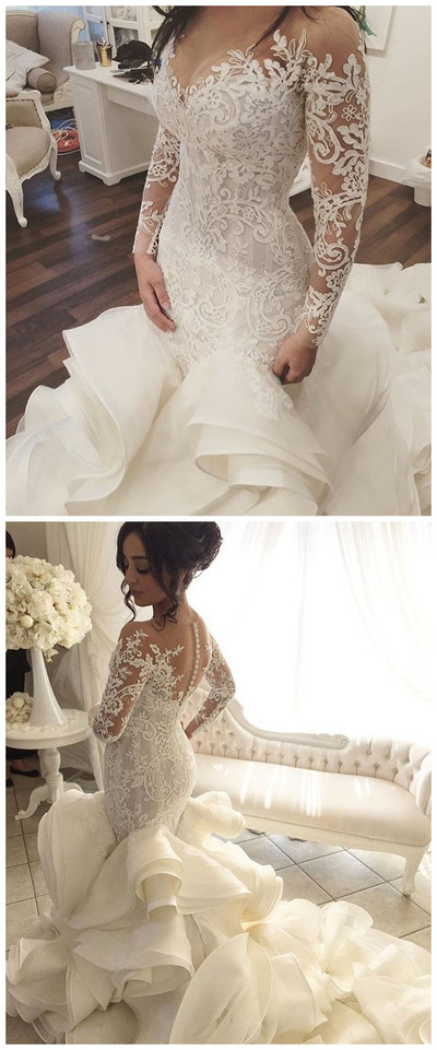 Vestido de noiva Vintage Wedding Dresses with Sheer Long Sleeves Mermaid Appliques Lace Tulle vestido longo Bridal Gowns,371