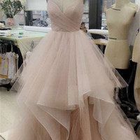 Popular Spaghetti V-neck Tulle A-line Prom Dresses, Simple Wedding Dresses, Affordable Long Prom Dresses,374 - Thumbnail 1