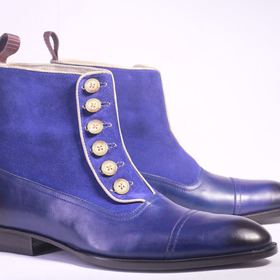 Men's ankle high blue cap toe leather suede button top boot - Thumbnail 4