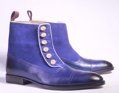 Men's Ankle High Blue Cap Toe Leather Suede Button Top Boot
