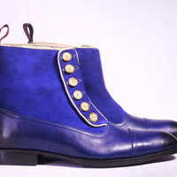 Men's Ankle High Blue Cap Toe Leather Suede Button Top Boot - Thumbnail 1