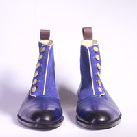 Men's Ankle High Blue Cap Toe Leather Suede Button Top Boot - Thumbnail 2