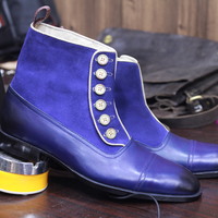 Men's Ankle High Blue Cap Toe Leather Suede Button Top Boot - Thumbnail 3