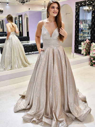 Ball Gown V Neck Backless Spaghetti Straps Champagne Sparkly Satin Long Prom Dresses,Formal Evening Party Dresses